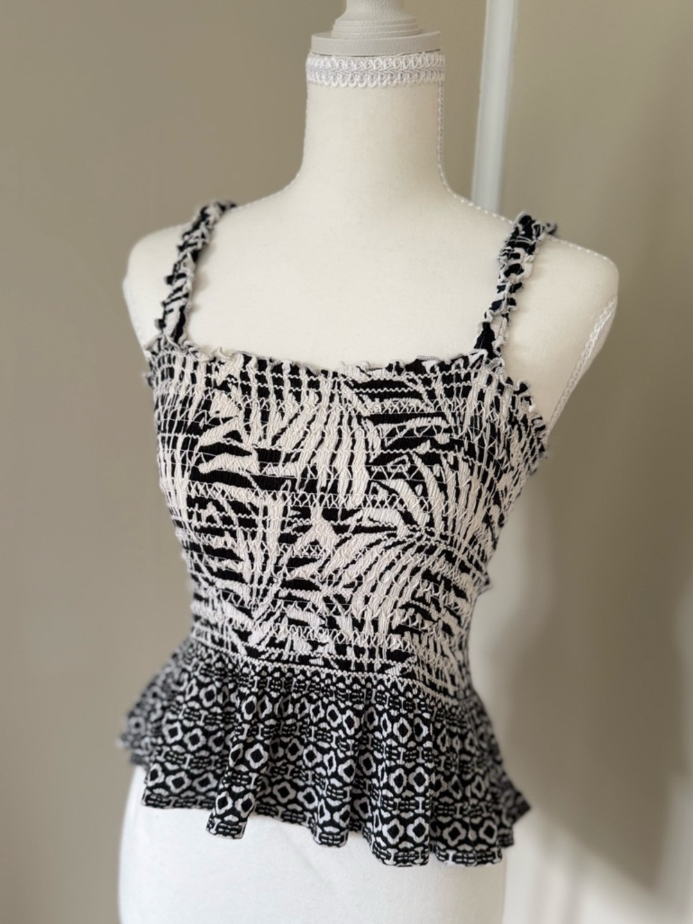 Patrons of Peace Smocked Tank Top Black and White Camisole Ruffle Straps Boho